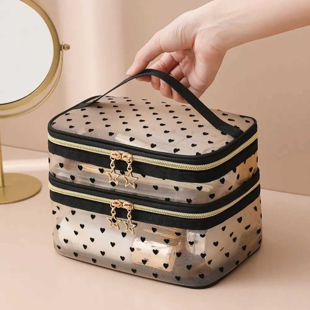 Double-layers Black Mesh Cosmetic Bag Travel Portable Large-Capacity Makeup Case Organizer Storage Pouch Zipper Toiletry BagsXJ241206