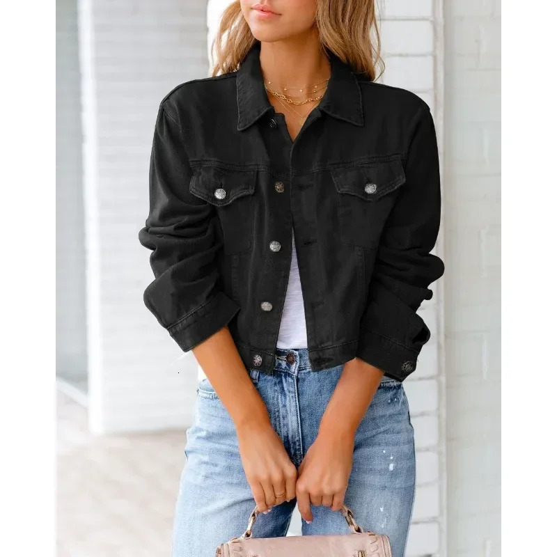 Short sleeved jacket fashionable streetwear single chest trendy womens denim long autumn 241206