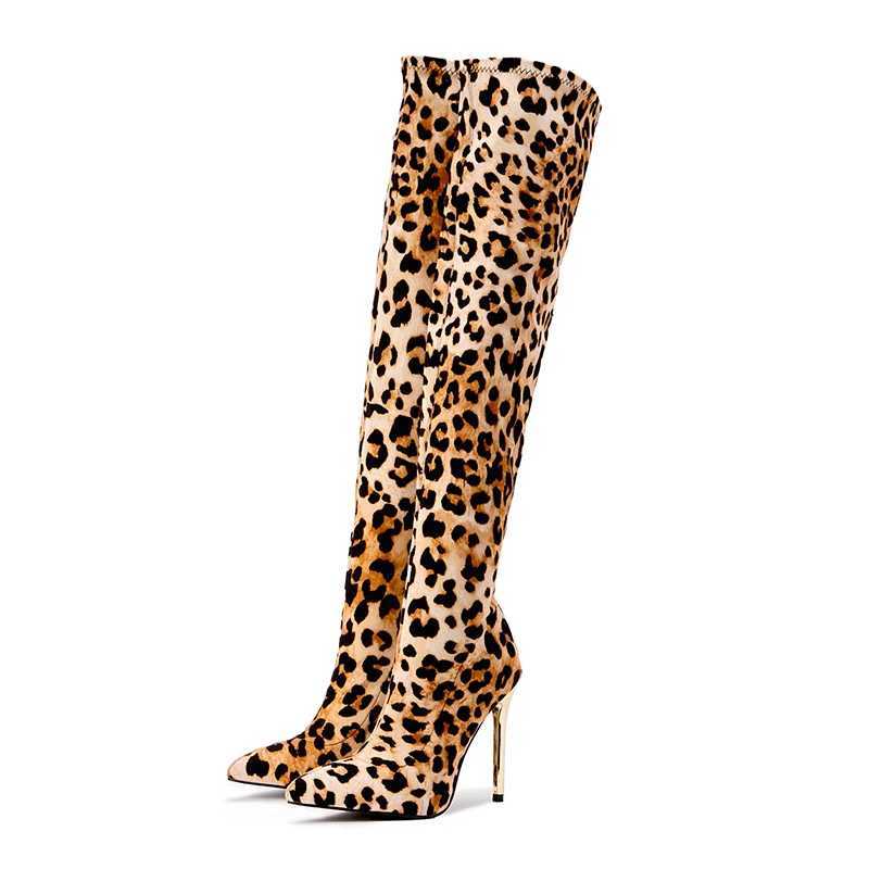 High Quality Wens Lg Boots Fiable Slim H and Leopard Print Sexy Niglub Style e Kick Elastic Plus Size Wens Boots T241206