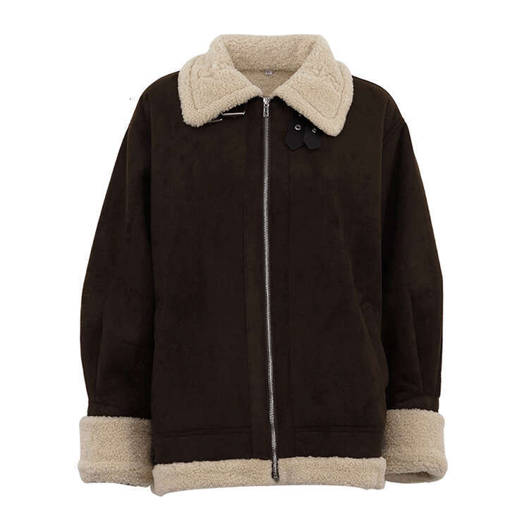 Brown retro jacket women's casual lapel long sleeved button suede autumn and winter women's street warm jacket warm coat