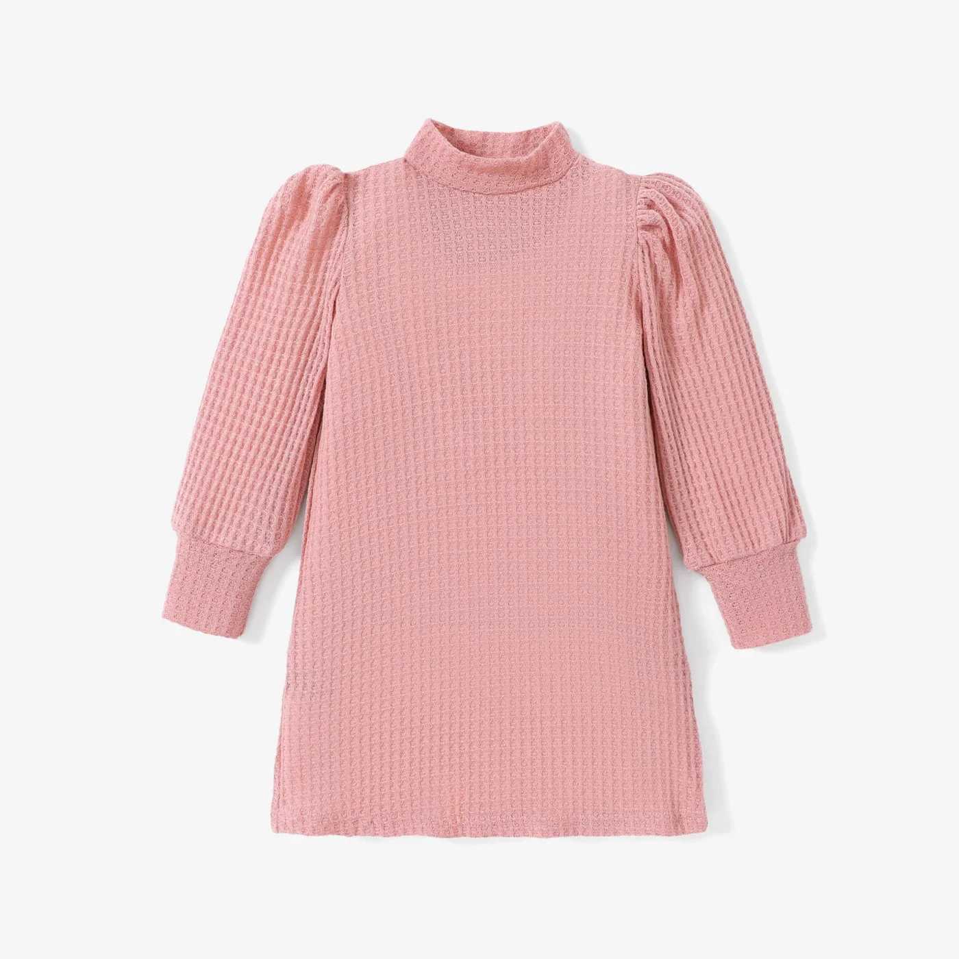 Toddler Girl Solid Color Mock Neck Waffle Long Puff-sleeve Dress Perfect for Outings and Daily Wear Basic SleXJ241206