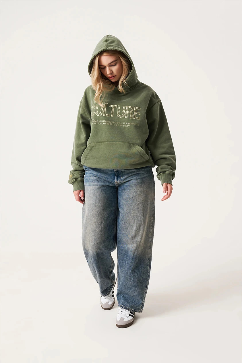 Y2K Rhinestone letter Fashion Green Winter pullover Hoodies Women Gothic Oversized Sweatshirts Female Retro Harajuku Hooded 241203