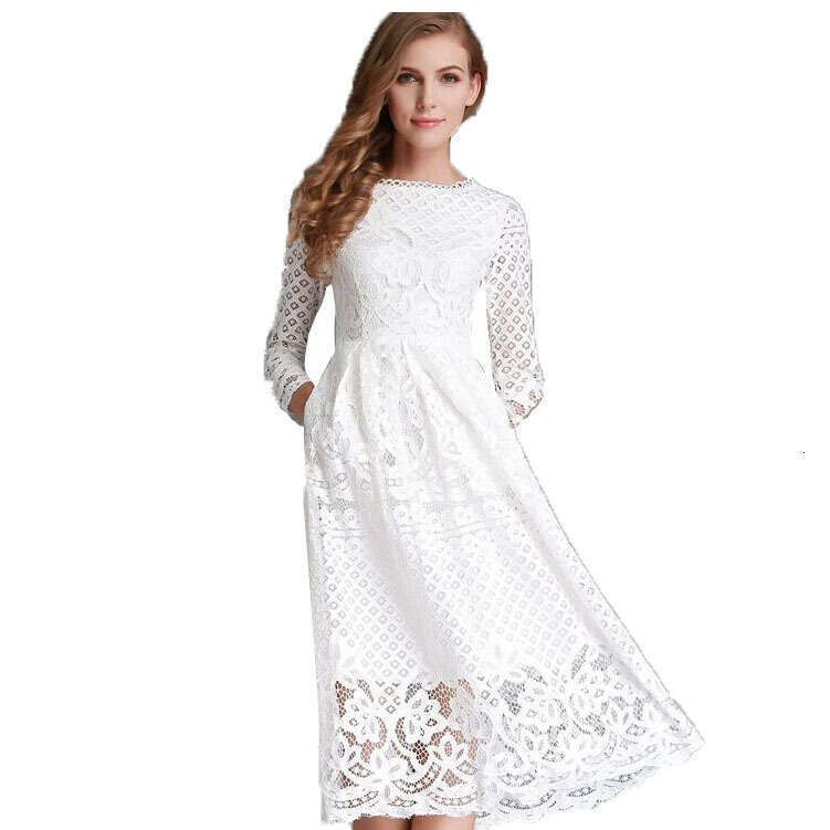 European and American autumn women's dress round neck hollow out simple lace long sleeved slim fit mid length skirt 2024 new style temperament ch