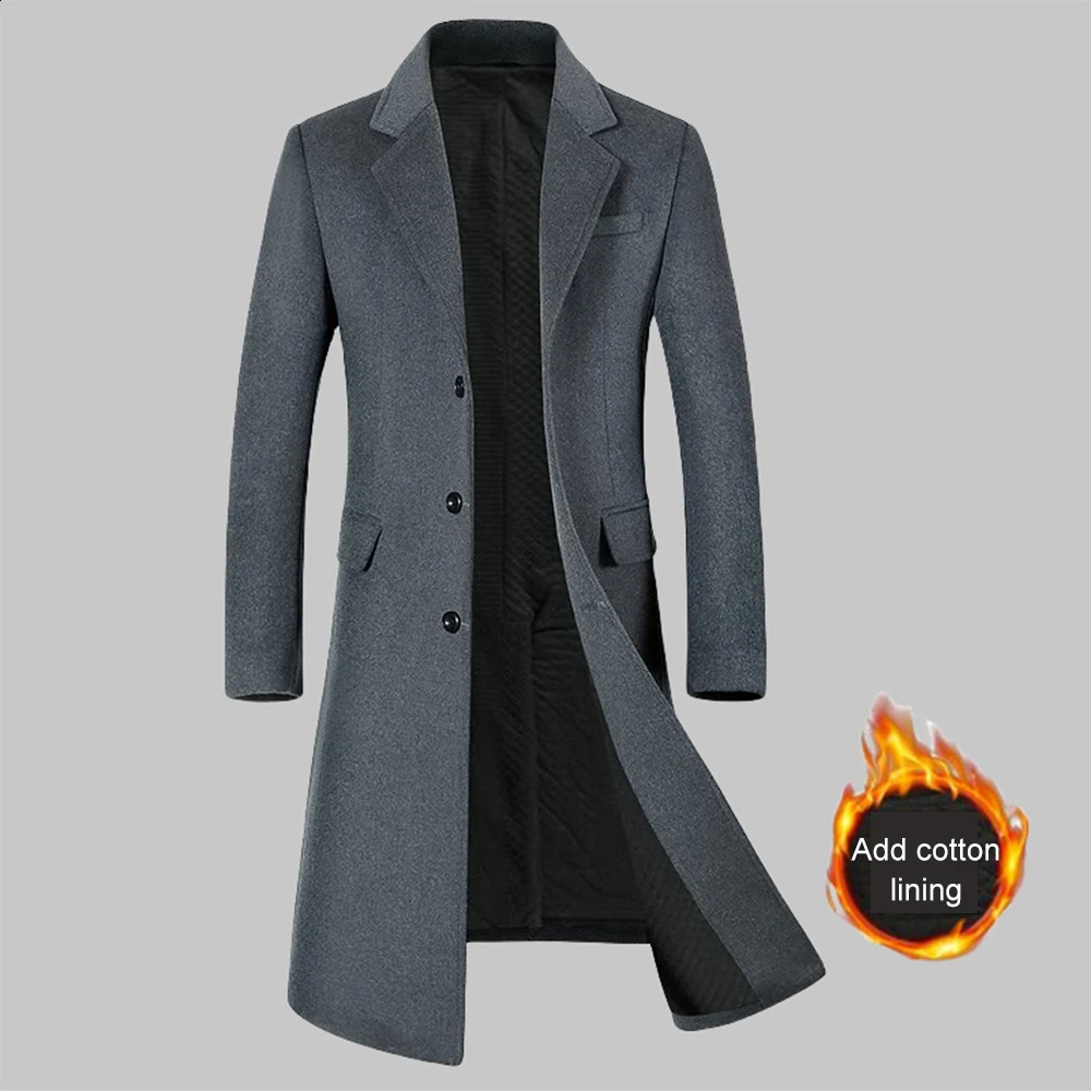 autumn and winter mens wool coat long knee set collar cotton thick wool coat 241204