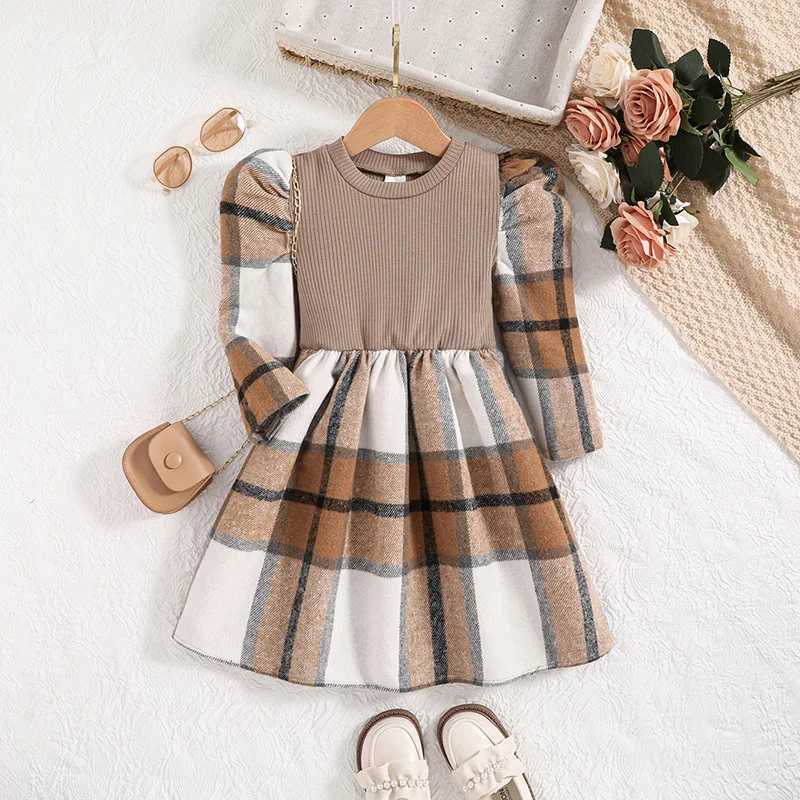 Kids Dresses for Girls Khaki Knitted Patchwork Plaid Long-Sleeved Dress New Autumn Winter Fashion Princess Casual Kids DressesXJ241206