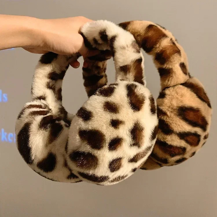 Leopard earmuffs plush earmuffs for winter warmth foldable earplugs for cold protection female earmuffs with circulation antifreeze accessories 241205