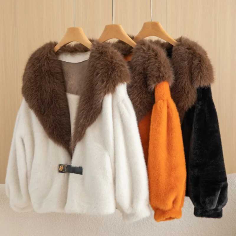 2024 Winter Luxury Gold Mink Velvet Fine Imitation Womens Short Coat Big Fur Collar Stylish and Lightweight Warm Coat TopXJ241206