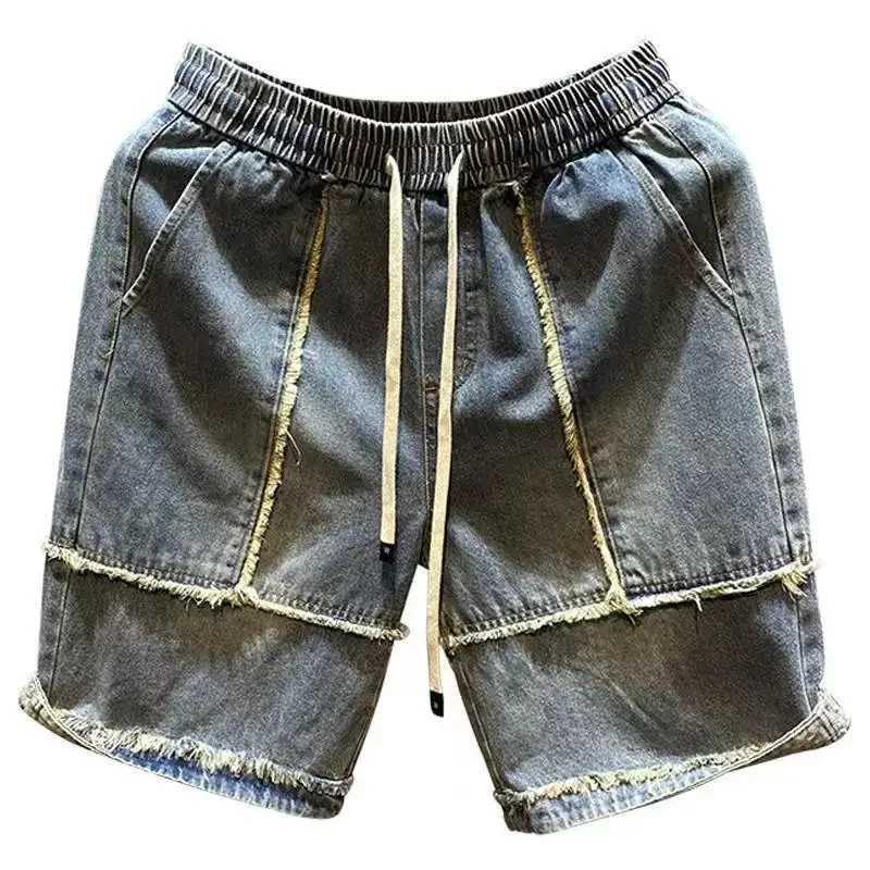 Mens Short Jeans Pants Spliced Straight Drawstring Male Denim Shorts New in Original Y2k Fashion Summer Retro Jorts Designer XlXJ241206
