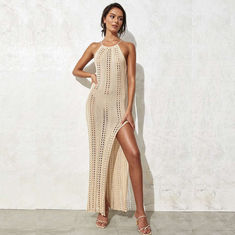European and American suspender, backless side split sexy hollow out beach knitted dress, 2024 new casual versatile fashion clothing