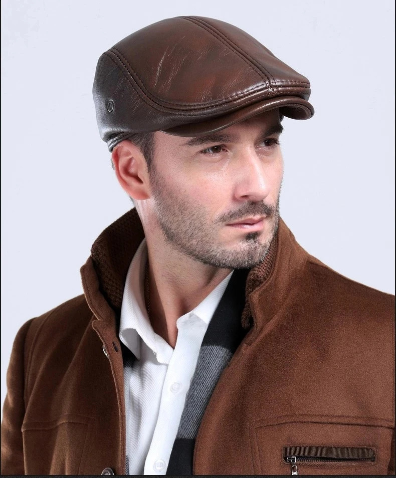 Mens one layer denim leather hat winter beret mens warm ear protection hat 100% genuine leather dad hat wholesale casual 241204
