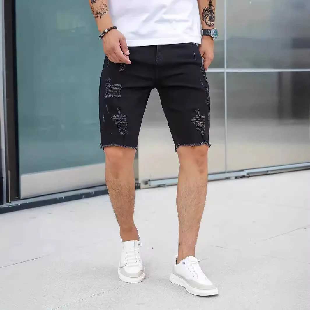 Summer Mens Holes Slim Fit Five Point Denim Shorts Elastic Waist Fashion Baggy Straight Cargo Shorts JeansXJ241206