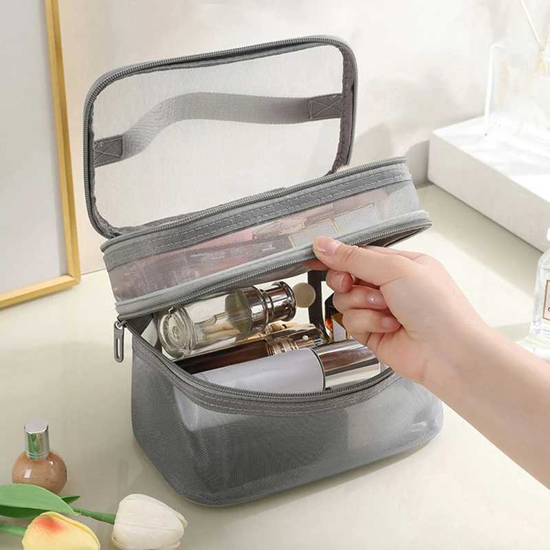 1Pc Mesh Makeup Bag Travel Cosmetics Storage Bag Travel Portable Large Capacity Double Layer Transparent Mesh Zipper W BagXJ241206