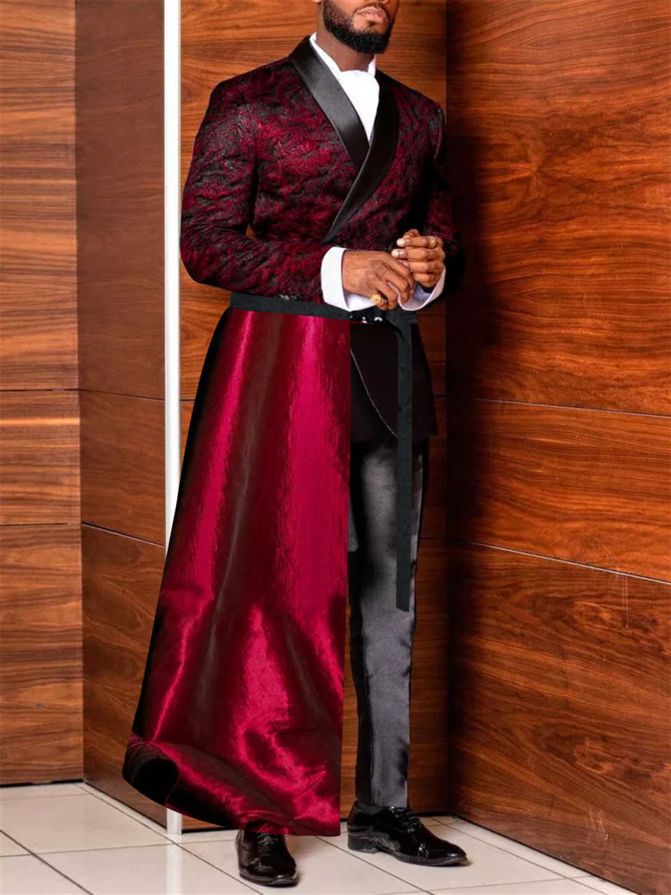 Customized Mens Royal Satin Suits Jacket Pant with Long Cape Fashion Formal Party Wear Wedding Tuxedos 2 Pieces