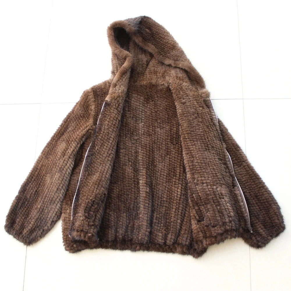 Fashion Knitted Mink Hoodie Winter Womens Warm Natural Fur Jacket Womens Casual Solid Long Sleeve Jacket 241202