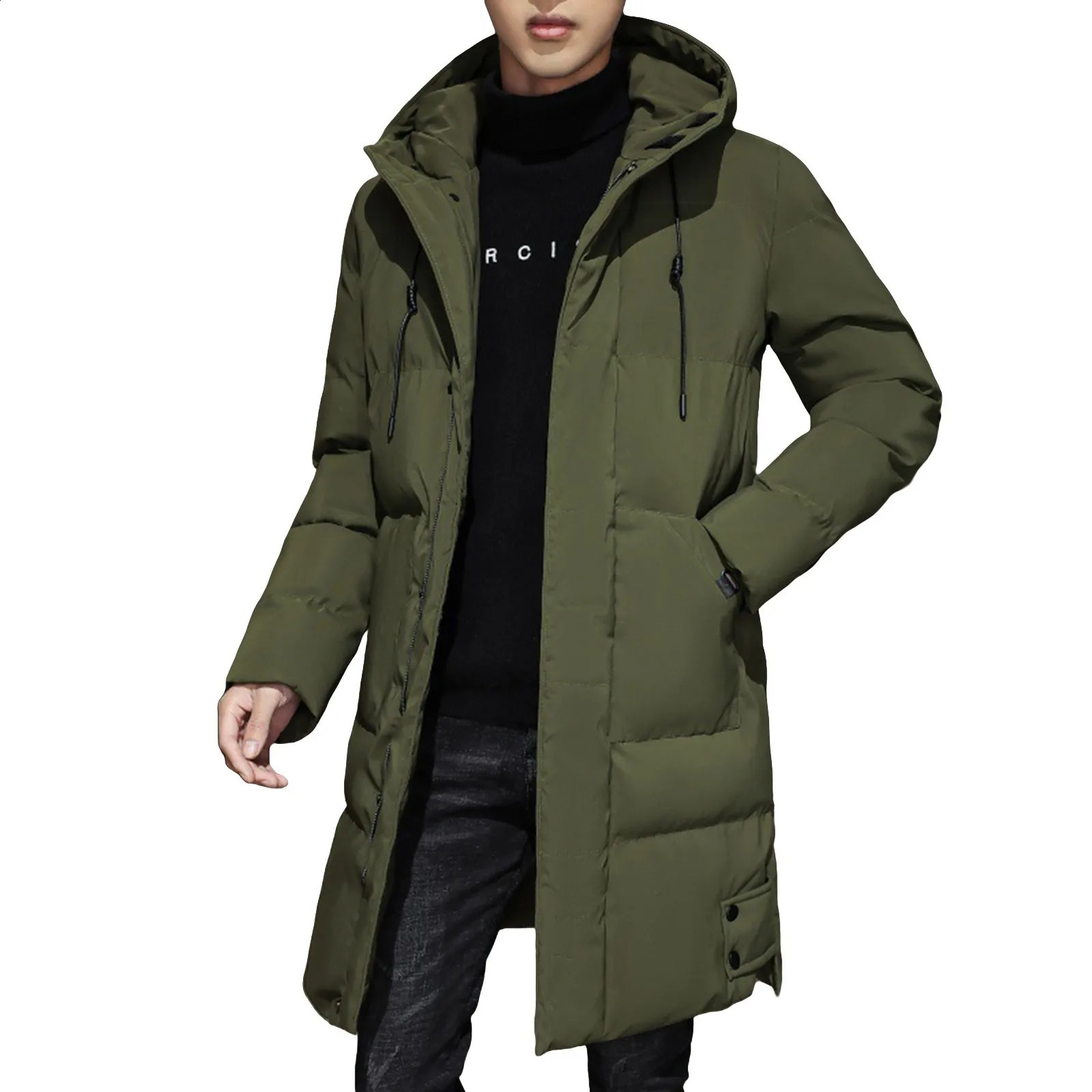Mens Autumn and Winter Long Down Jacket Solid Color Zipper Pockets Parkas Thicker Warm Casual Cotton Padded Hooded 241205