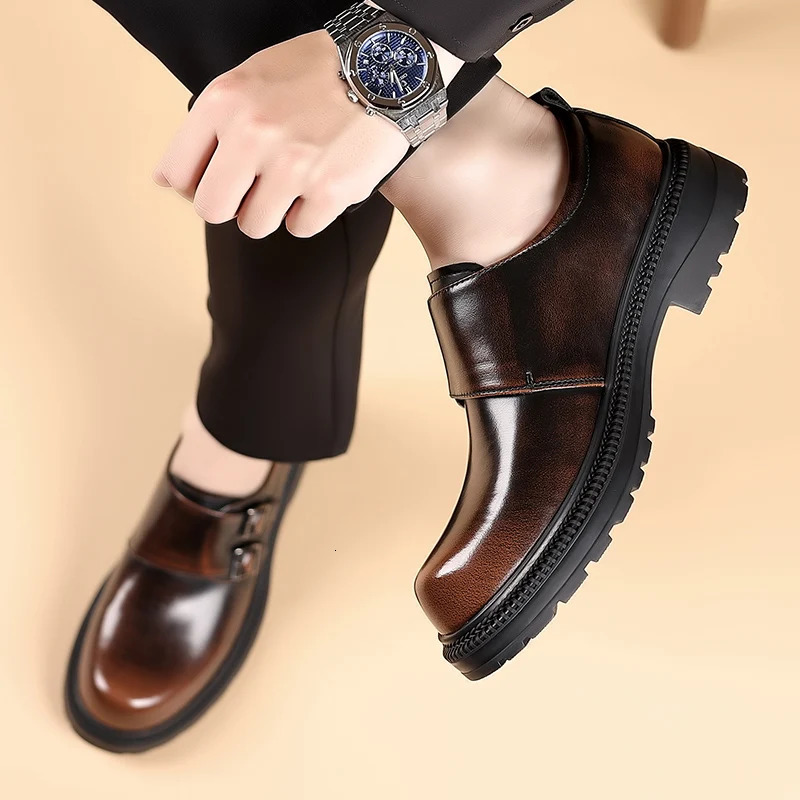 Retro Autumn Mens Polished Big Toe Leather Shoes Fashionable Buckle Comfortable Thick Soled Casual Shoes Mens Trendy Shoes 241206
