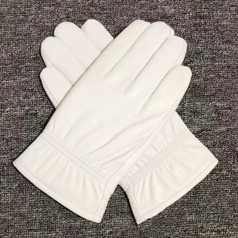Fashionable and high-quality genuine leather white gloves for men solid wrist full finger Lambskin gloves for warmth and windproof driving 241206