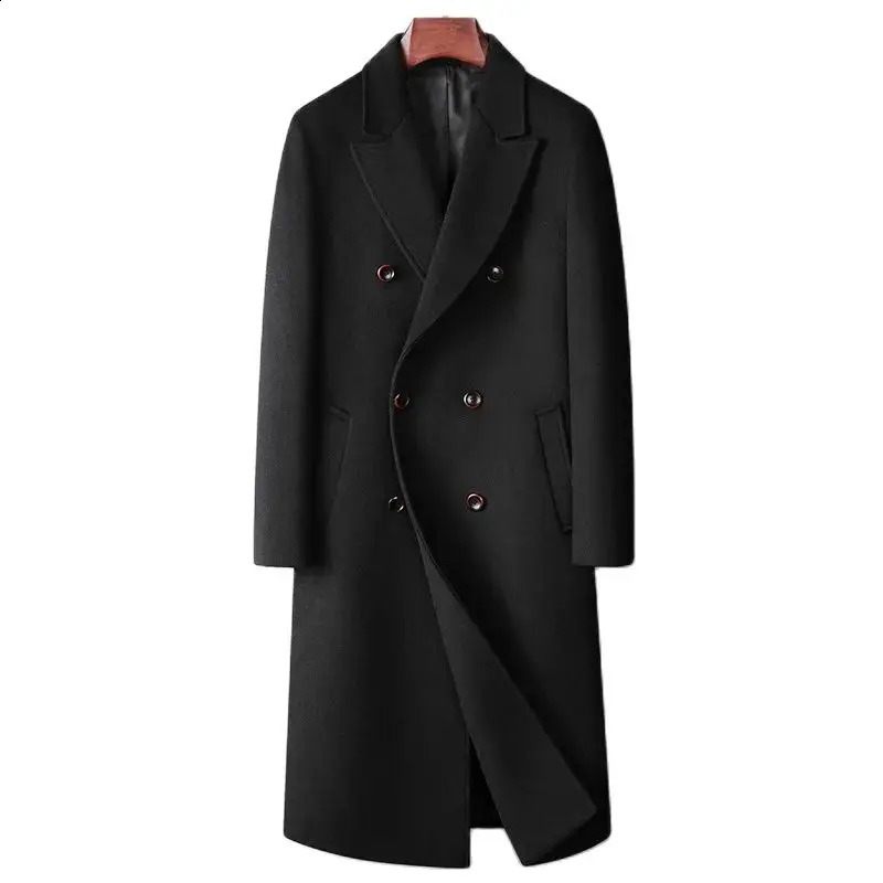 Autumn Winter Mens Wool Blends Coats Fashion Double Breasted Smart Casual Long Woolen Trench Men Trun Down Collar Outerwear 241205