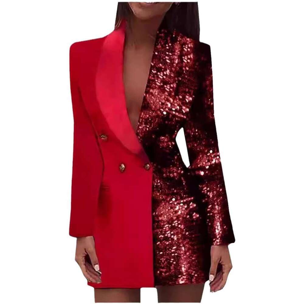 2025 autumn European and American red sequined patchwork trend V-neck long sleeved slim fit professional dress 2024 new casual versatile fashion cloth