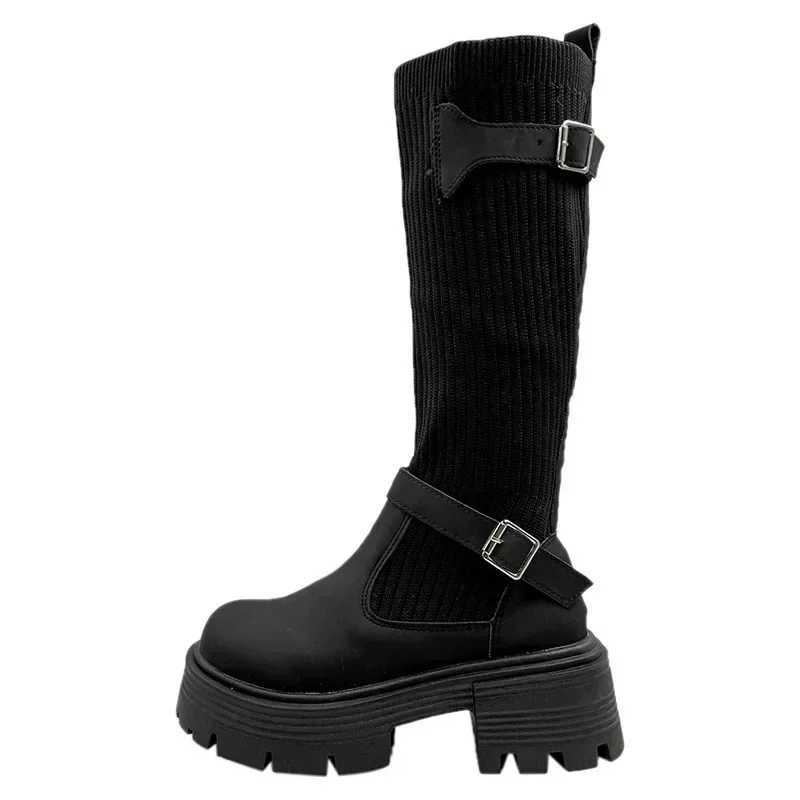 High Quality Lg boots Warm knit elastic boots thick soled warm high knee elegant boots and warm shoes T241206