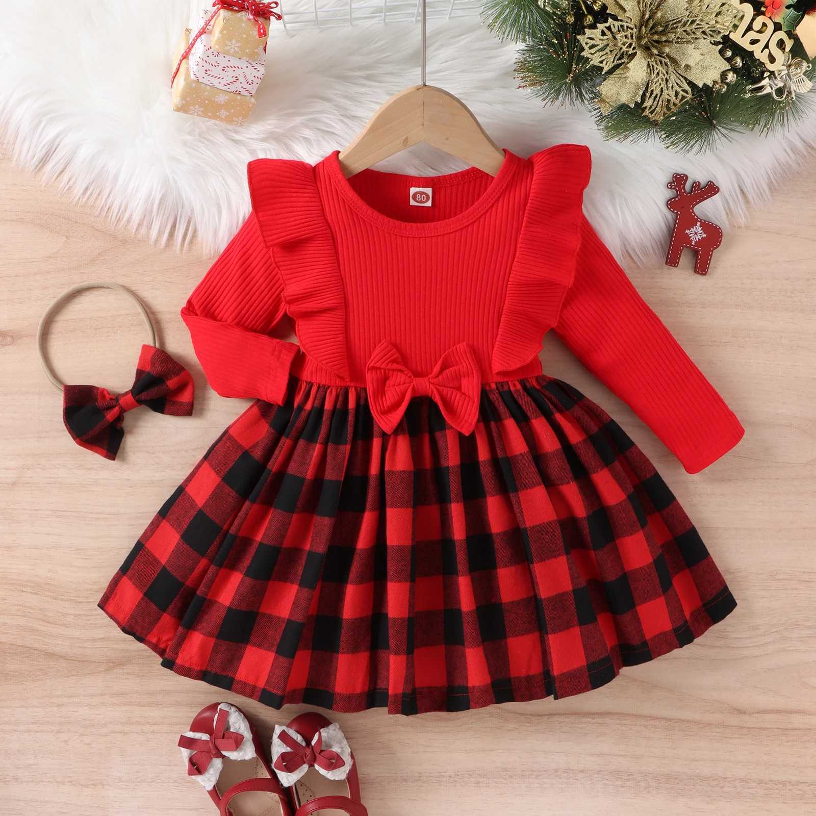 2PCS Autumn New Sle 1-4 Year Old Girl Baby Fashionable Sweet Round Neck Red Pit Strip Long-Sleeved Plaid Dress + Hair BandXJ241206