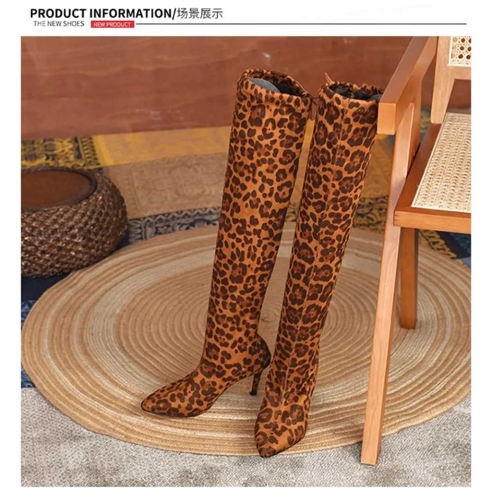 High Quality Wenfei boots autumn winter leopard print knee H Quty suede Lg Cfort Pointed sexy boots thick elastic boots T241206