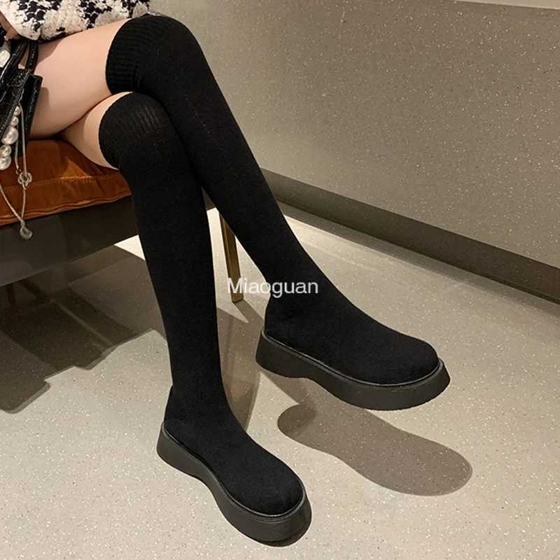 High Quality In the winter and autumn of the platform on Wens knee ladies street knitted socks Lg boots slippery boots shoe rings T241206