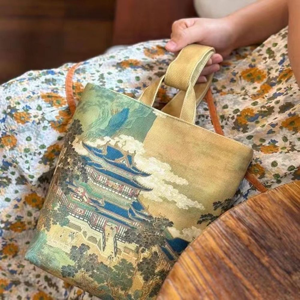 Retro Chinese Ancient Style Print Bucket Women Handbag Cyder Bag Canvas Tote Pouch Students Carry Lunch Bags For Girls