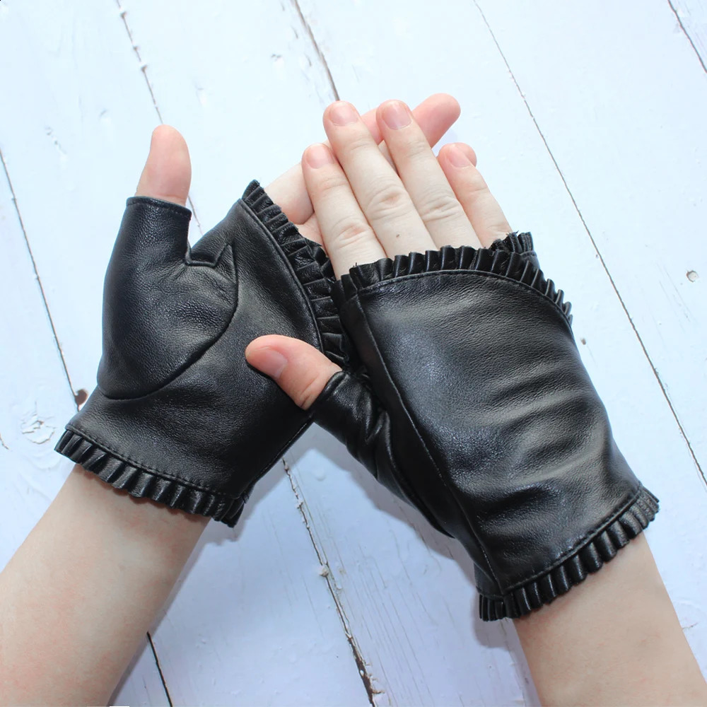 Fashion Womens Genuine Leather Sheepskin Fingerless High Quality Outdoor Driving Black Gloves Spring/Summer 241206
