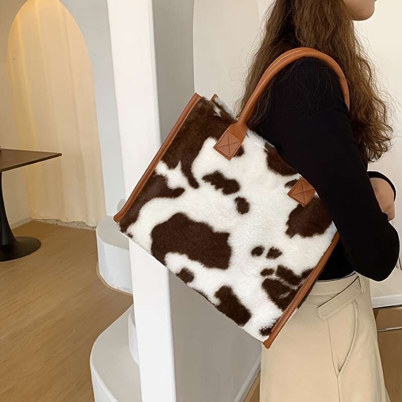Fluffy Cow Pattern Tote Handbag Soft Faux Fur, Vintage Y2K Inspired, Spacious Interior, Stylish Shoulder Bag Women - Perfect for Daily Use, Casual Out