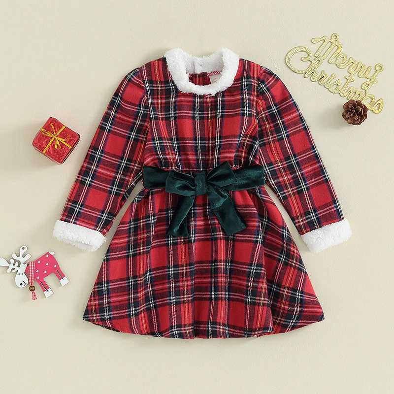 FOCUSNORM 1-6Y Toddler Kids Girls Christmas Romper/Dress Plaid Printed Plush Patchwork Bowknot Long Sleeve Jumpsuits Or DressXJ241206