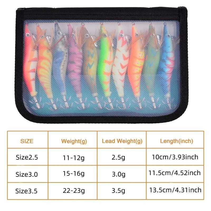Fishing Wood Shrimp Luminous Squid Octopus Lure 10PCS 3.0 3D Eyes Fishing Lure Hard Bait Wobbr Squid Jig Lure with BagXJ241128