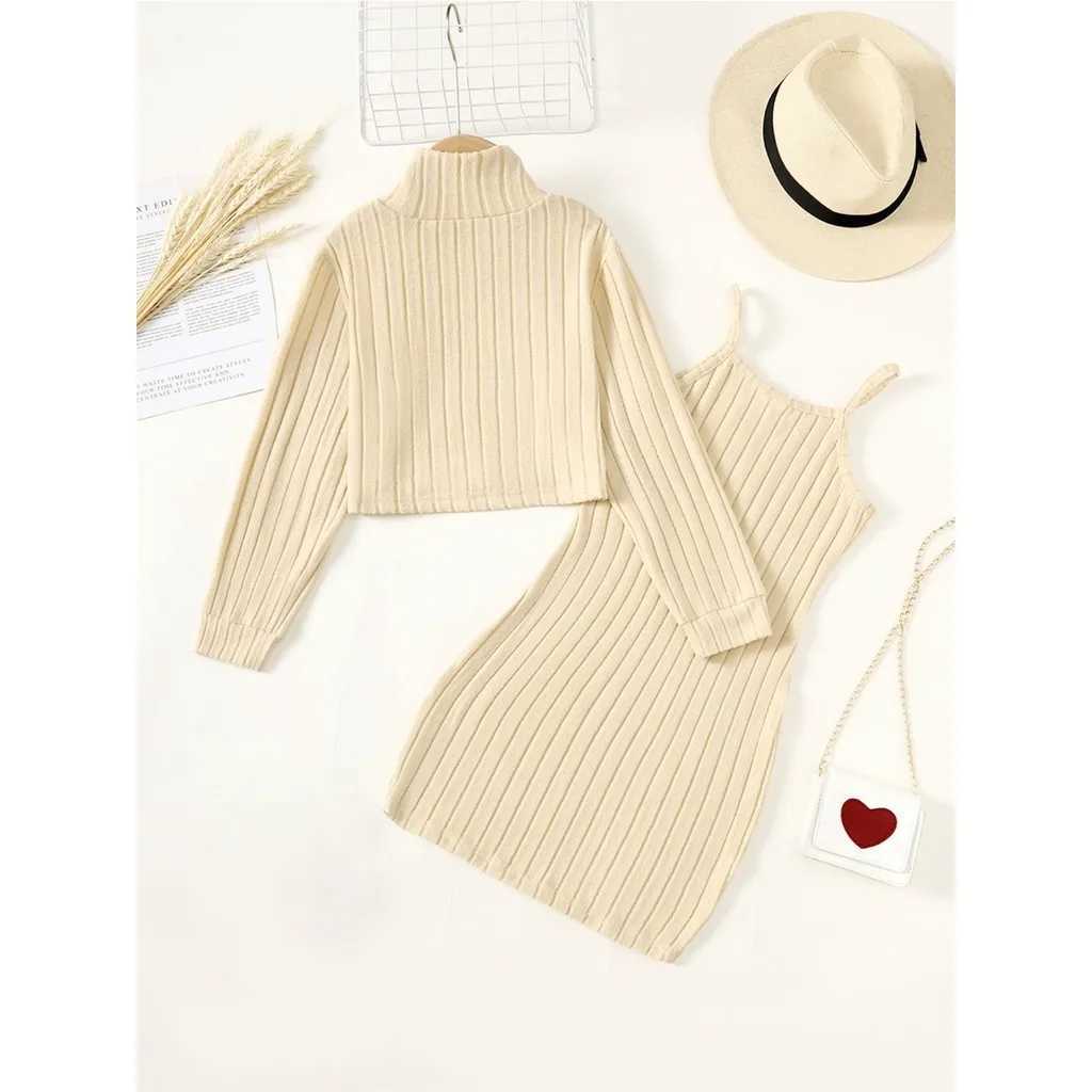 8-14 Years Children Girl 2PCS Clothes Set Solid Long Sleeve Knited Top with Sling Hip Wrap Dress Kid Autumn Elegant Par OutfitXJ241206