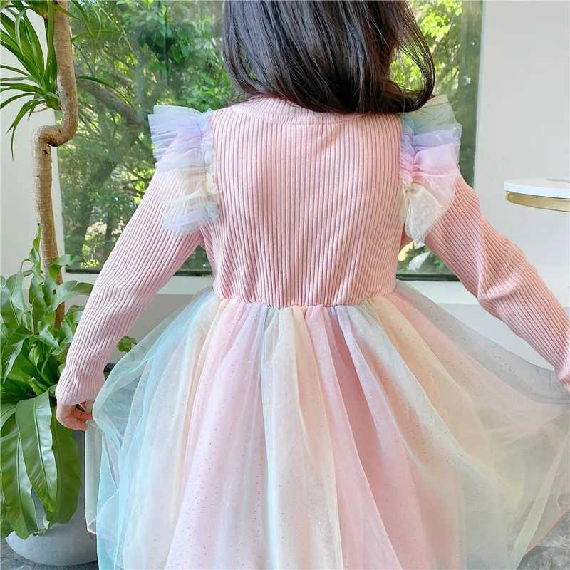 Ruffle Par Dress Girls Long Sleeve Cotton Ruffle Par Princess Dress Girl Sequin Rainbow Mesh DressXJ241206