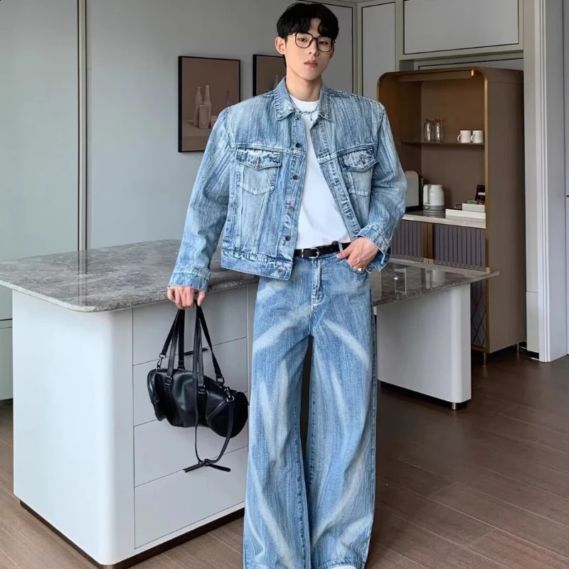 Trendy Hip Hop Mens Cowboy Suit High Street Tie Dye Blue Unisex 2pcs Set Y2k Punk Denim JacketStraight Leg Jeans Sets 2024 241205