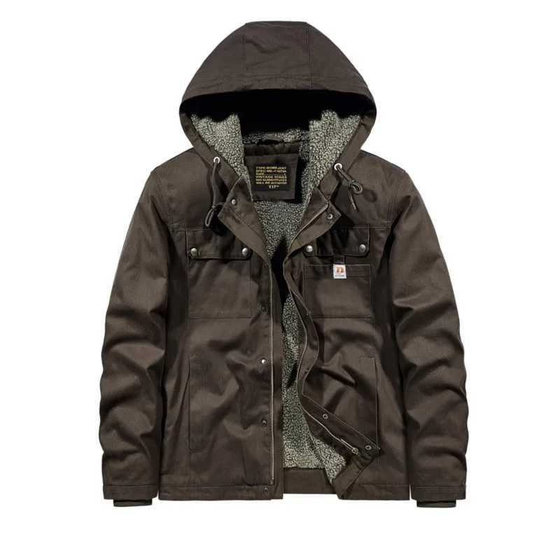 2022 Winter Cotton Padded Coat Mans Imitation Lamb Wool Coat Hooded Vintage Velvet Thicken Warm Safari Style Jackets ParkaXJ241206