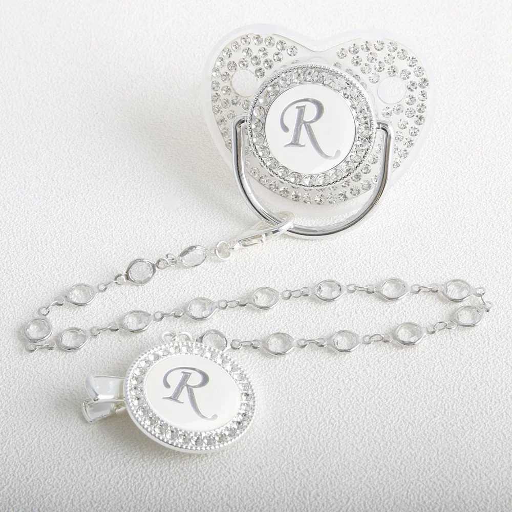 Pacifier Holders Clips# 26 Initial Letter Transparent Baby Pacifier With Chain BPA Free Silver Dummy Soother H241206