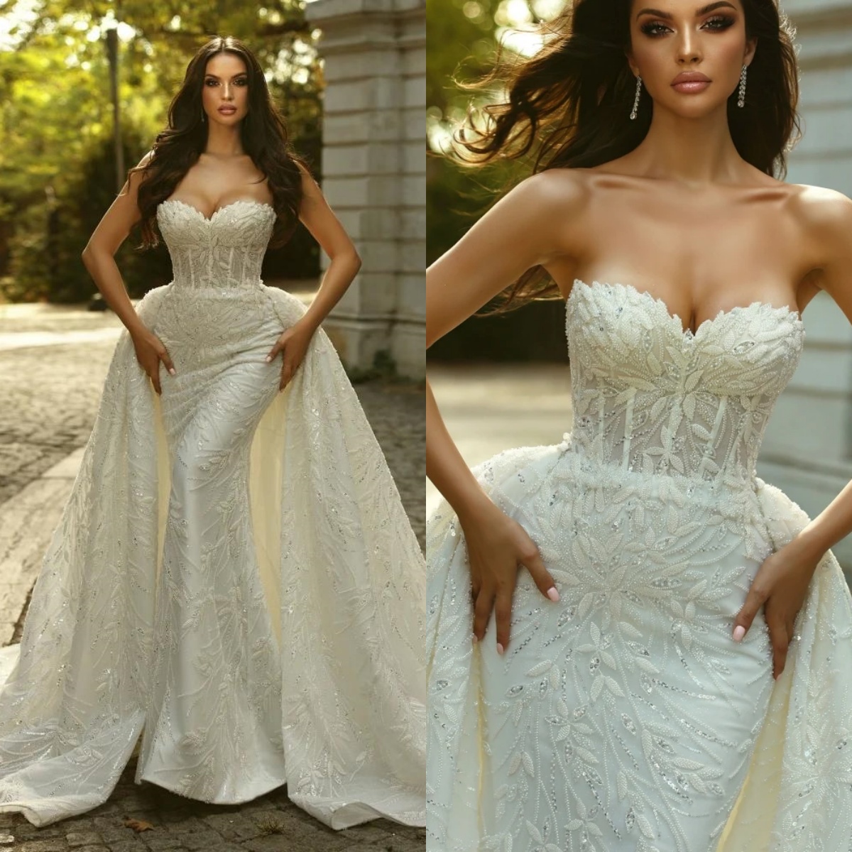 Romantic Sweetheart Neck Bridal Dress Sparkly Beads Sequins Wedding Gown Mermaid Detachable Train Long Bride Robe Vestido De Novia