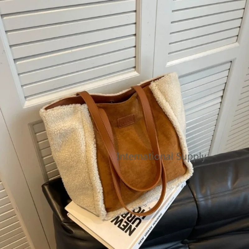 Lamb Wool Plush Large Tote Bags for Women Trendy Faux Fur Suede Shoulder Bag Woman Color Contrast Shopping Handbags 241206