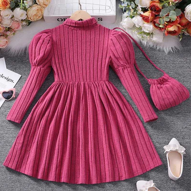 Winter Girl High Collar Sheep Leg Sleeves Knitted Pit Striped Pink Dress Crossbody Bag Princess Birthday Par DressXJ241206