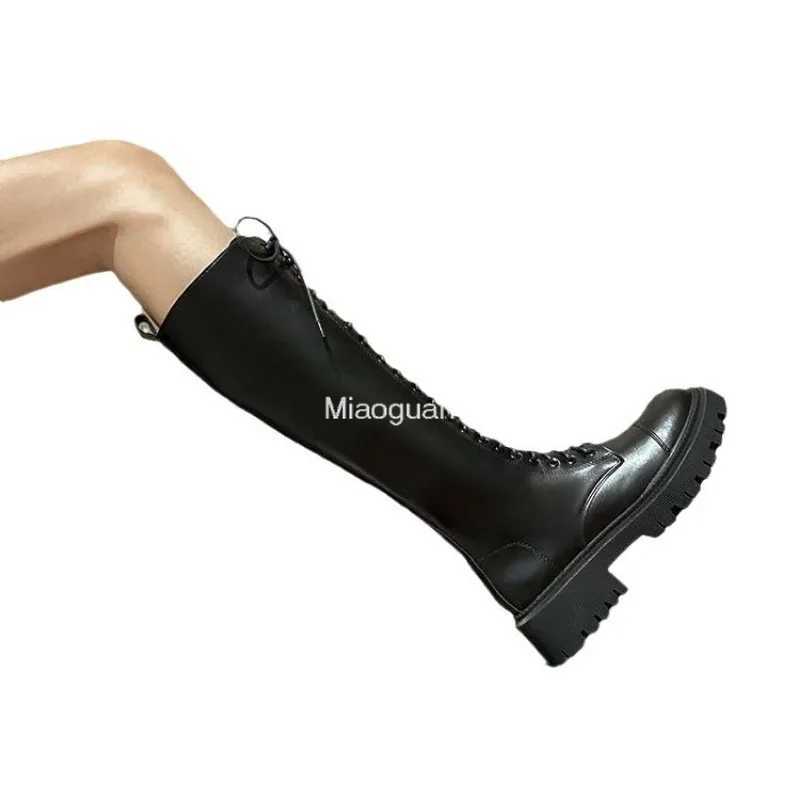 High Quality Fi Elegant Platform High Heels Lg Knight Cycling Boots Black Casual Shoes Winter Lace Upper Designer British Style T241206