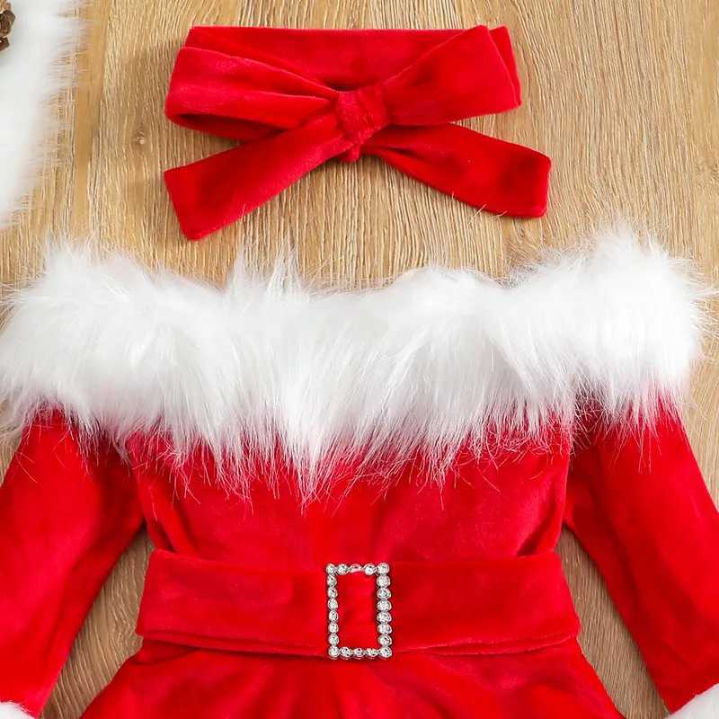 Christmas Dress Kid Baby Girl Clothes Faux Fur Patchwork Long Sleeve Off Shoulder A-Line Dress with Belt Bow HeadbandXJ241206