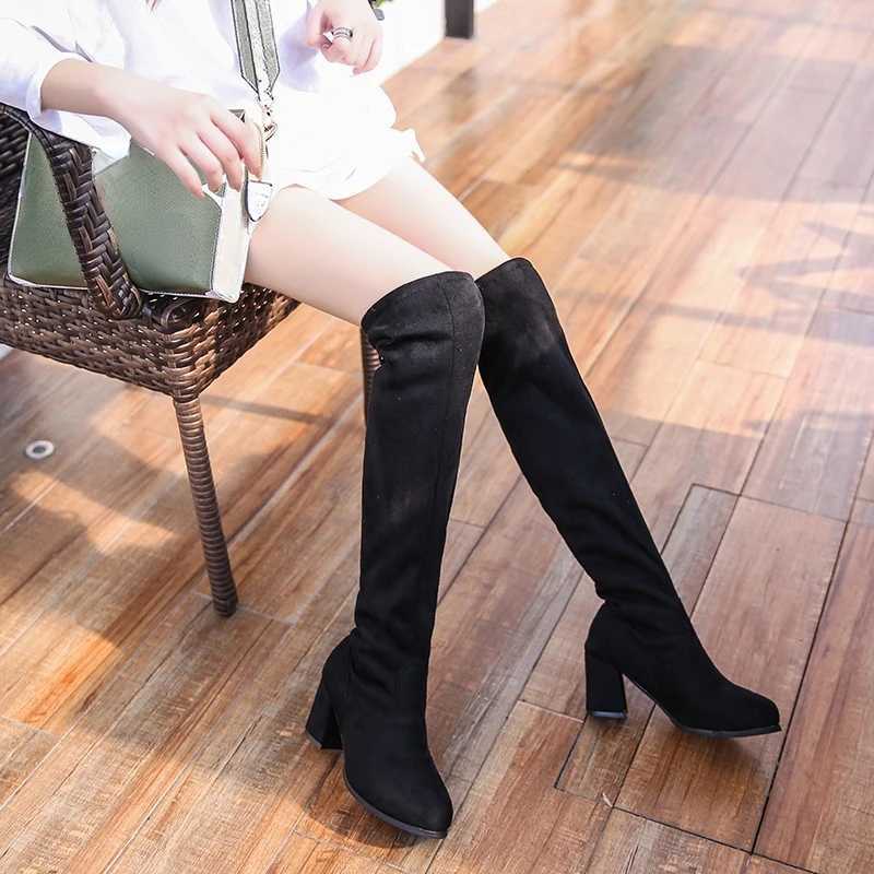 High Quality Summer Black Wens Boots Pointed Thin-over-the-knee Shoes Fi Versatile Cfortable Thick Heel Wens Mid-calf Boots T241206