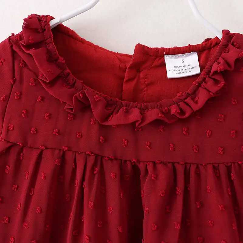 Girlymax Fall Baby Girls Kids Children Clothes Dark Red Swiss Dot Dress Knee Length Tutu Skirt Long SleeveXJ241206