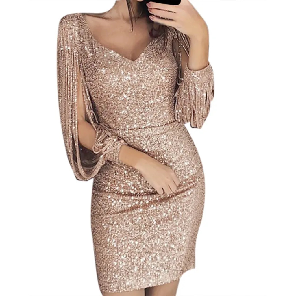 Dresses For Wedding Guest Kid Long Shining Mini Sequined Sleeved Stitching Solid Sexy Dress Club 241205Z
