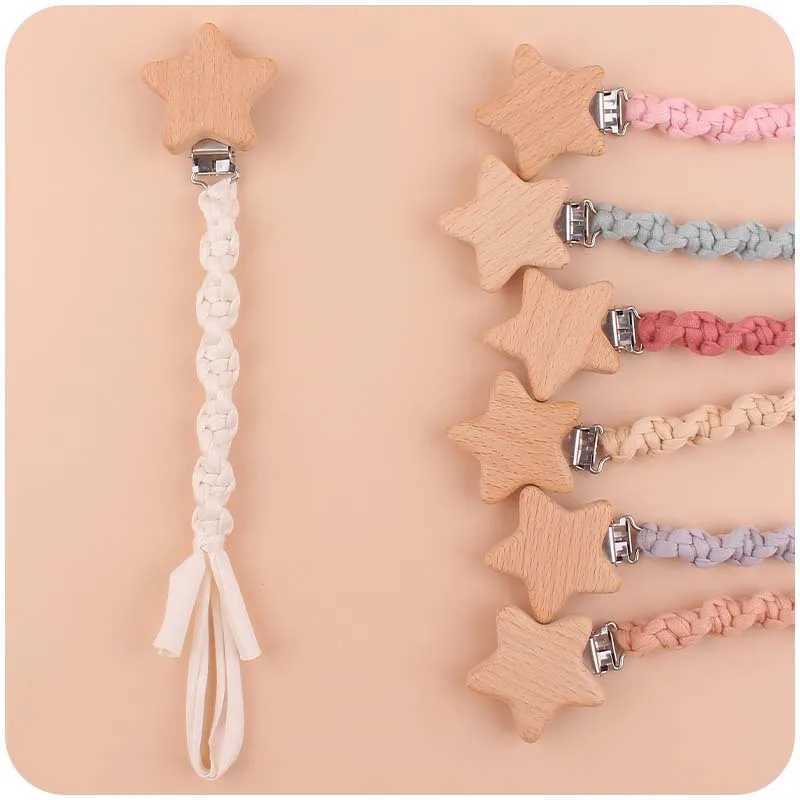 Pacifier Holders Clips# Baby Beech Wood Pentagram Pacifier Clip Handmade Woven Cotton Soother Nipple Chain For Baby Nursing Teether Chewing Toys Gift 