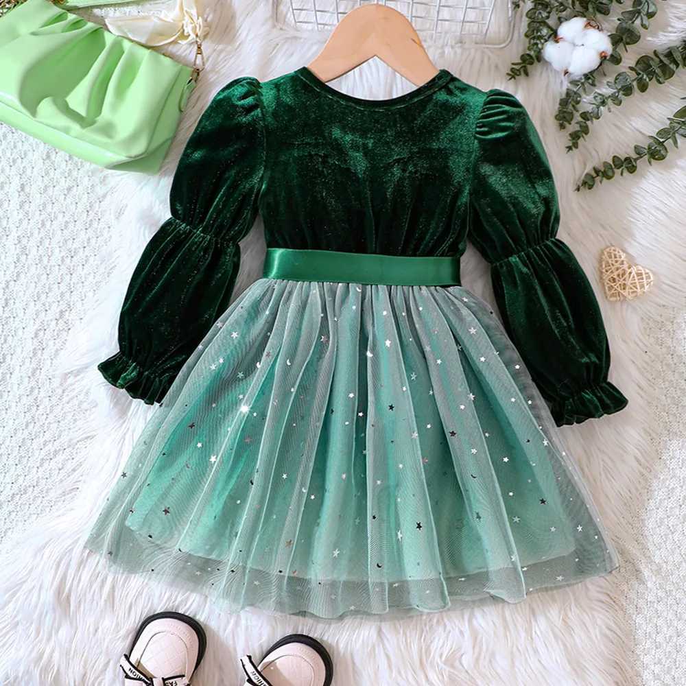 2023 Winter New Girls Dress Long Sleeve O Neck Sparkly Sequins Green Cute Designer Girls Princess Dress Vestido 0-3TXJ241206