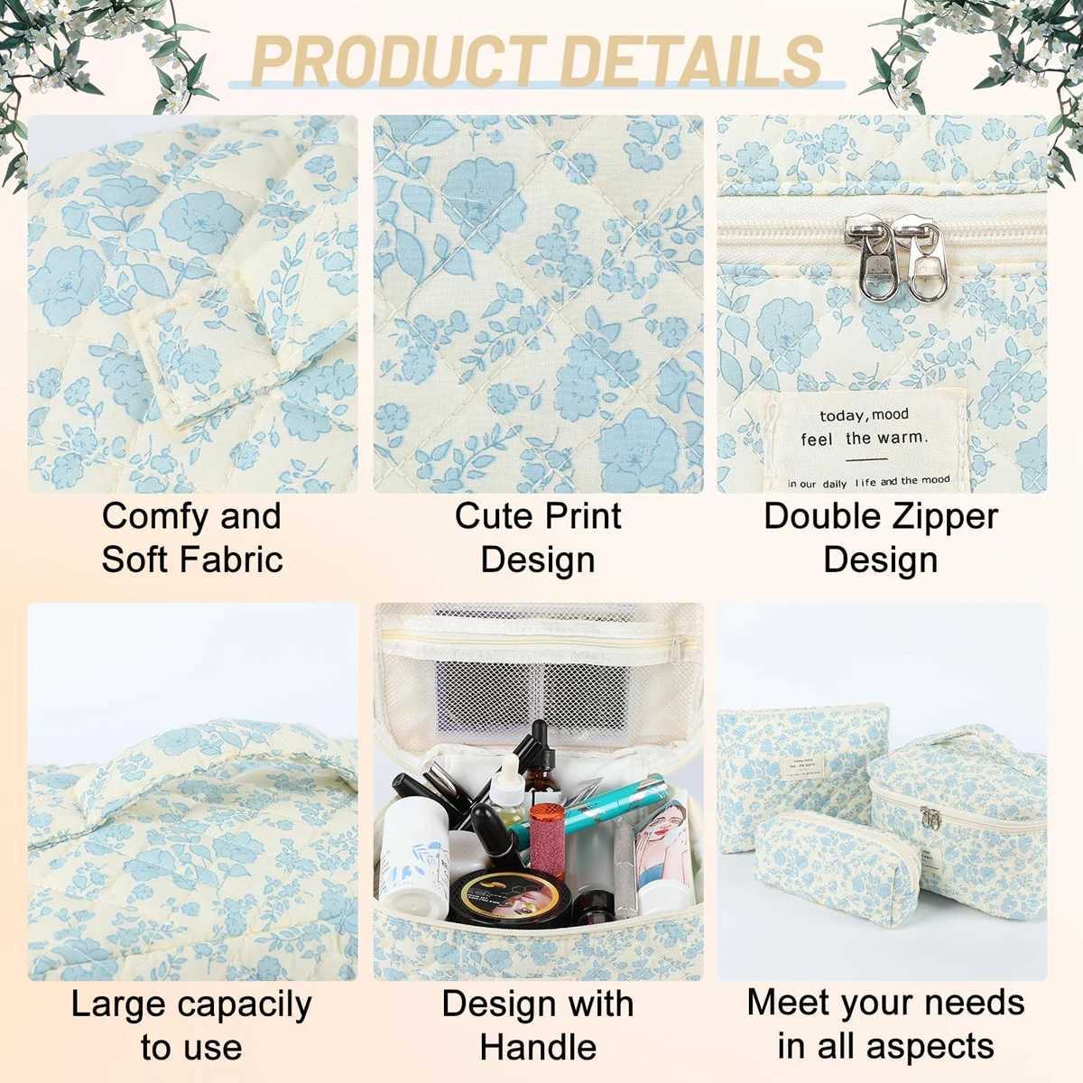 YANZAI 3 Pcs Cott Quilted Makeup Bag Set Floral Cott Cosmetic Bag Ahetic Womens Large Capacity Toiletry OrganizerXJ241206