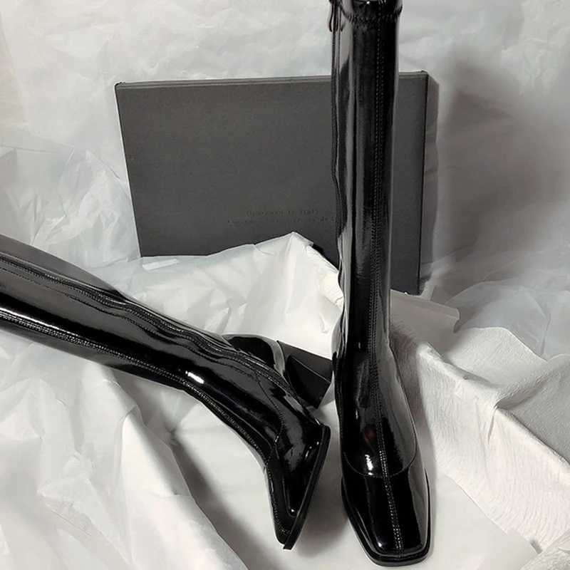 High Quality Patent leather high H Lg boots Wen autumn square toe knee high Botas Wan Side zipper thick high heels Fem T241206
