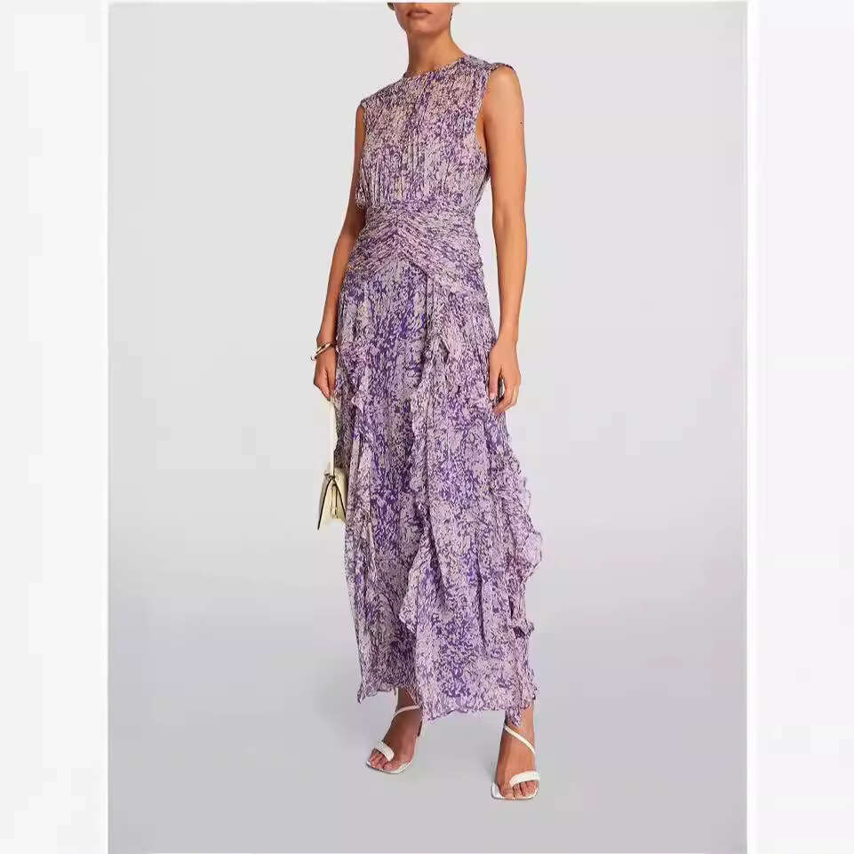 spring/summer off shoulder European American women's V-neck chiffon printed fairy long evening gown 2024 new style chic and elegant clothing